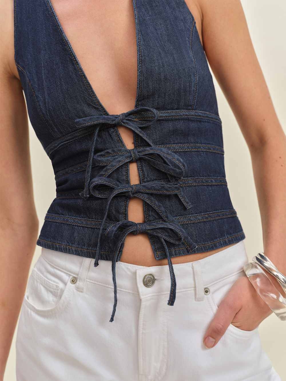 Reformation Dark Blue Denim Lace-Up Halter Top - Picture 6 of 8